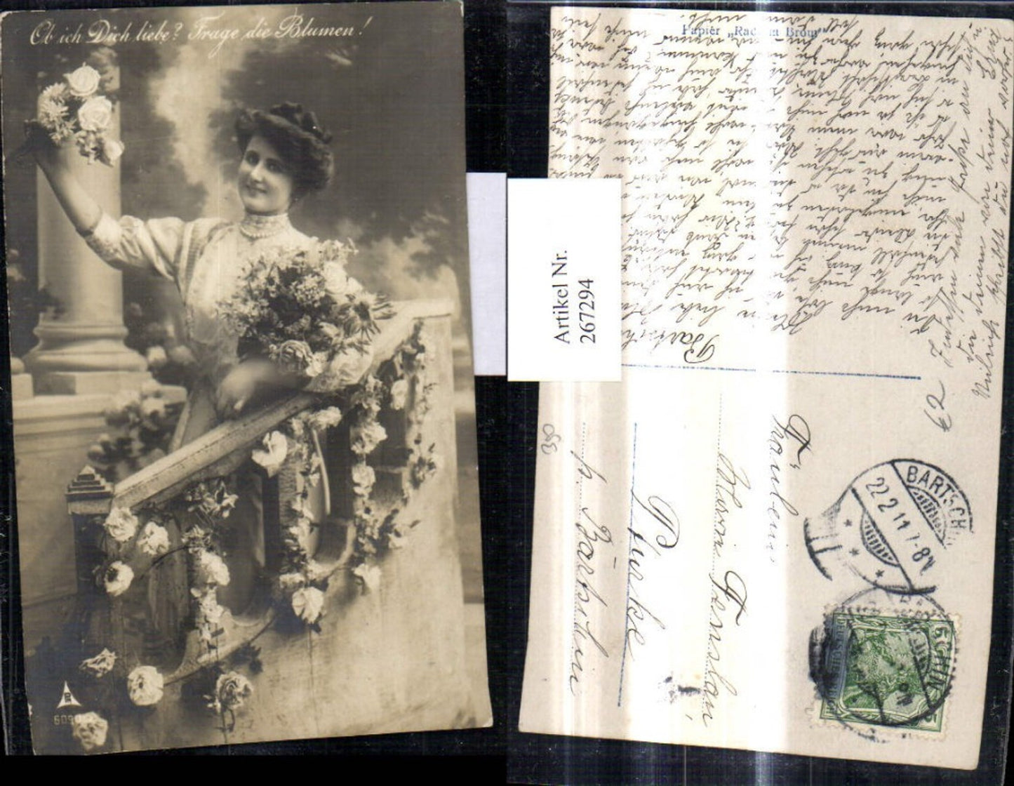 267294, Woman with flowers on balcony, saying