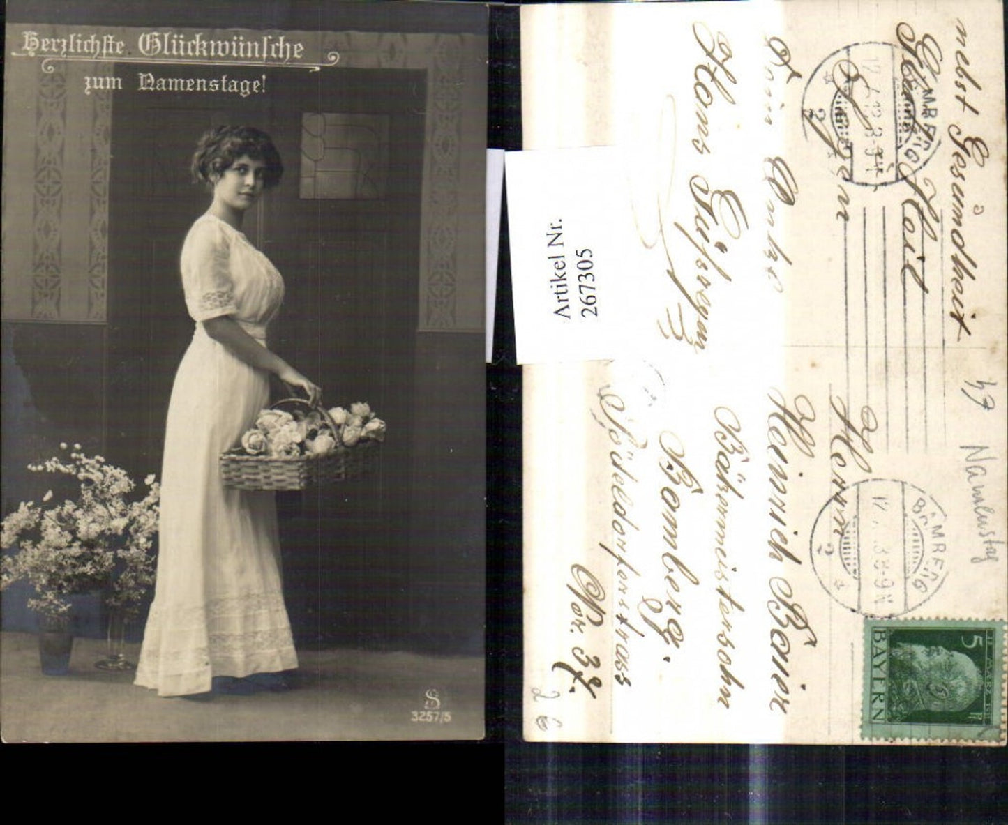 267305,Foto Ak Frau Kleid m. Korb Blumen Rosen Namenstag