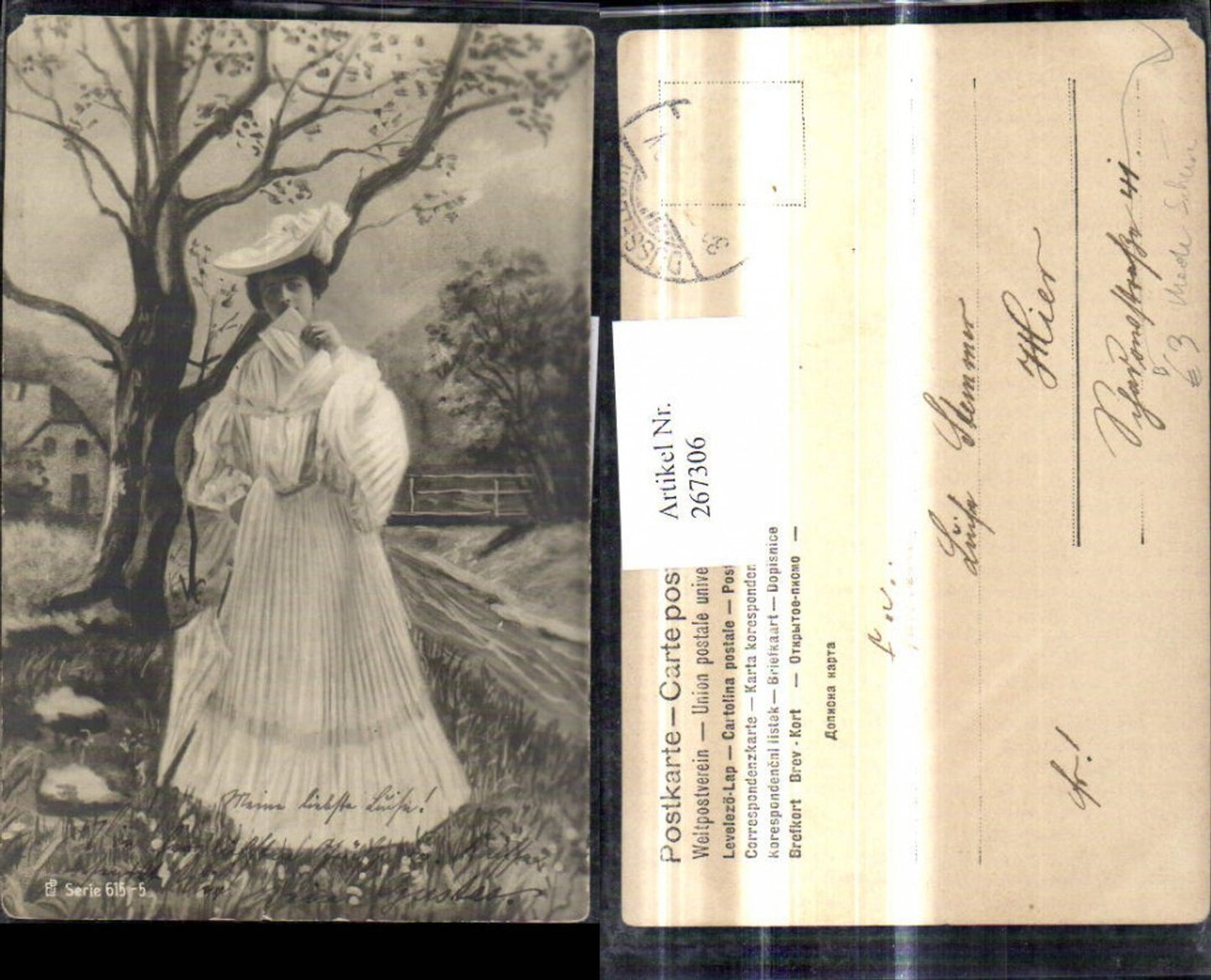 267306,Künstler Ak Frau Kleid Hut Mode Schirm Landschaft