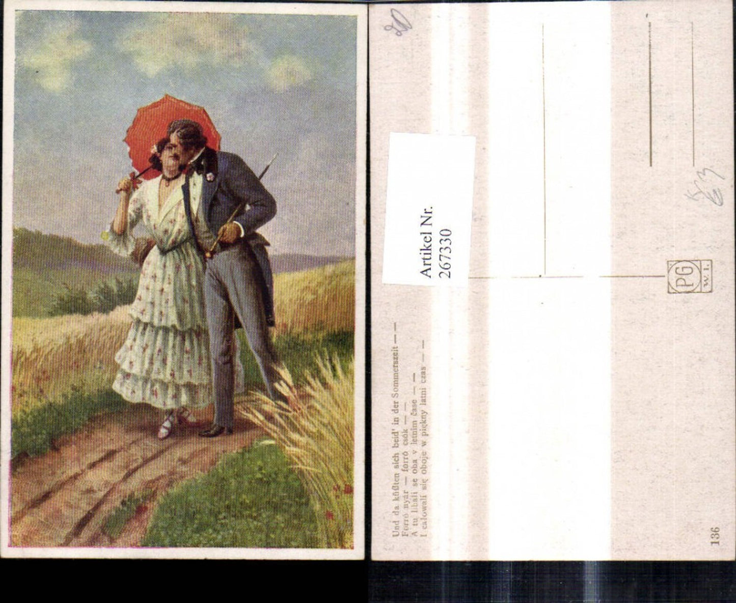 267330,Künstler Ak Liebe Paar Und da küssen sich beid i. d. Sommerzeit Feld Landschaft Schirm