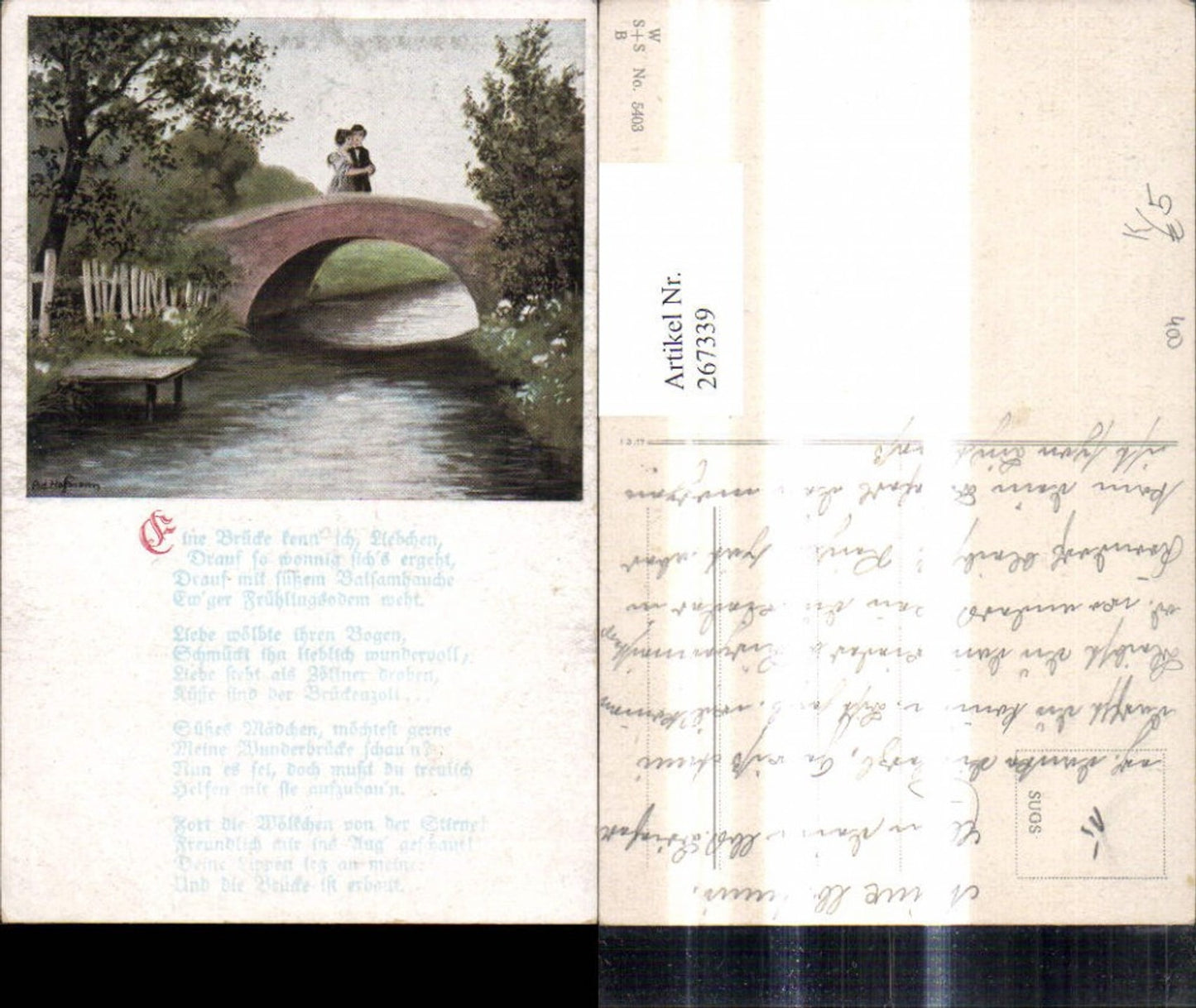 267339,Künstler Ak Ad. Hoffmann Liebe Paar spaziert über Brücke Landschaft Spruch Text