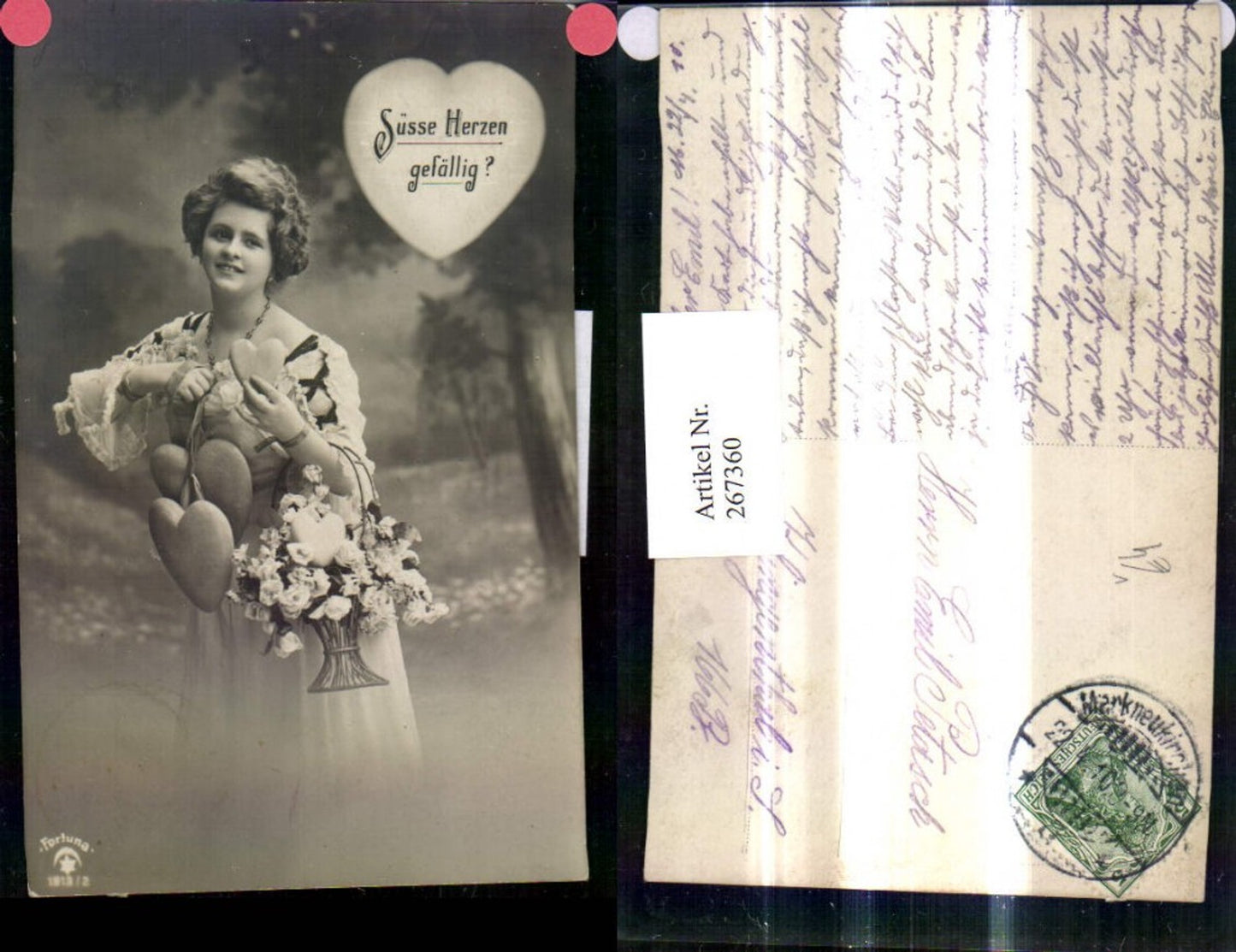267360,Liebe Frau m. Herzen Süsse Herzen gefällig Blumen Korb pub Fortuna 1813/2