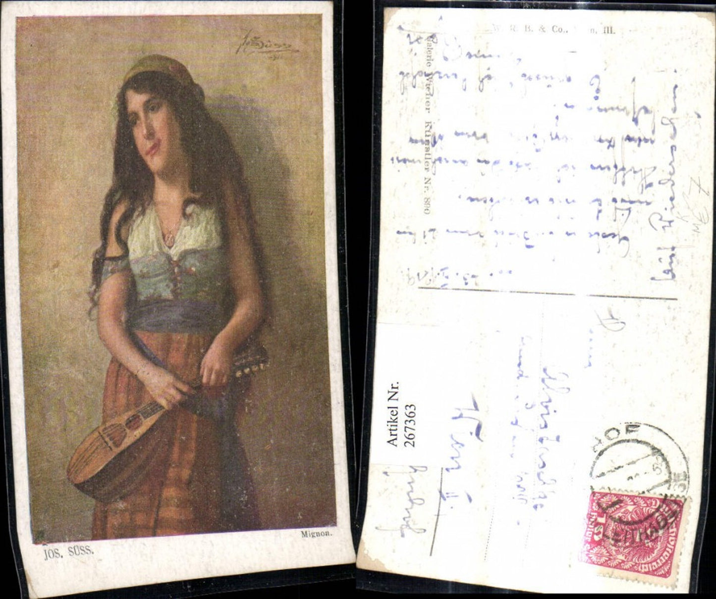 267363,Künstler Ak Josef Süss Mignon Frau m. Mandoline Kopftuch