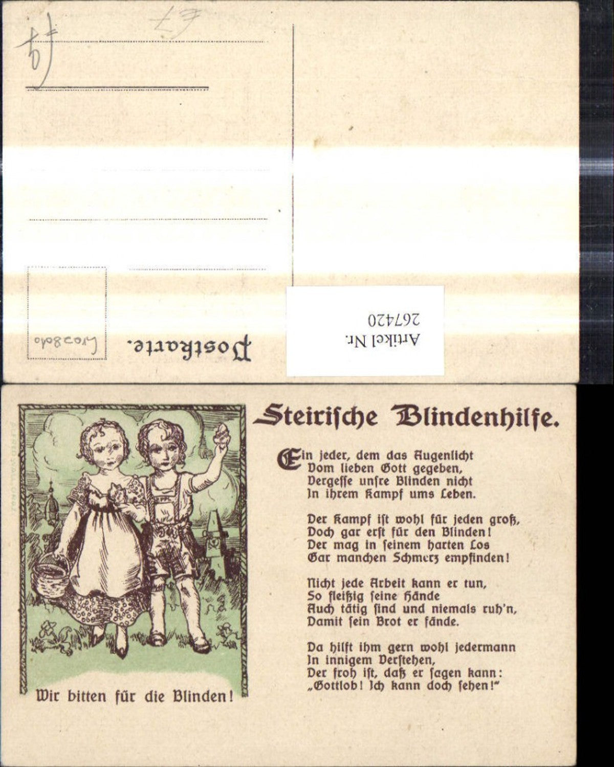 267420,Künstler Ak Behinderungen Kinder Steirische Blindenhilfe Spruch Text Blinde