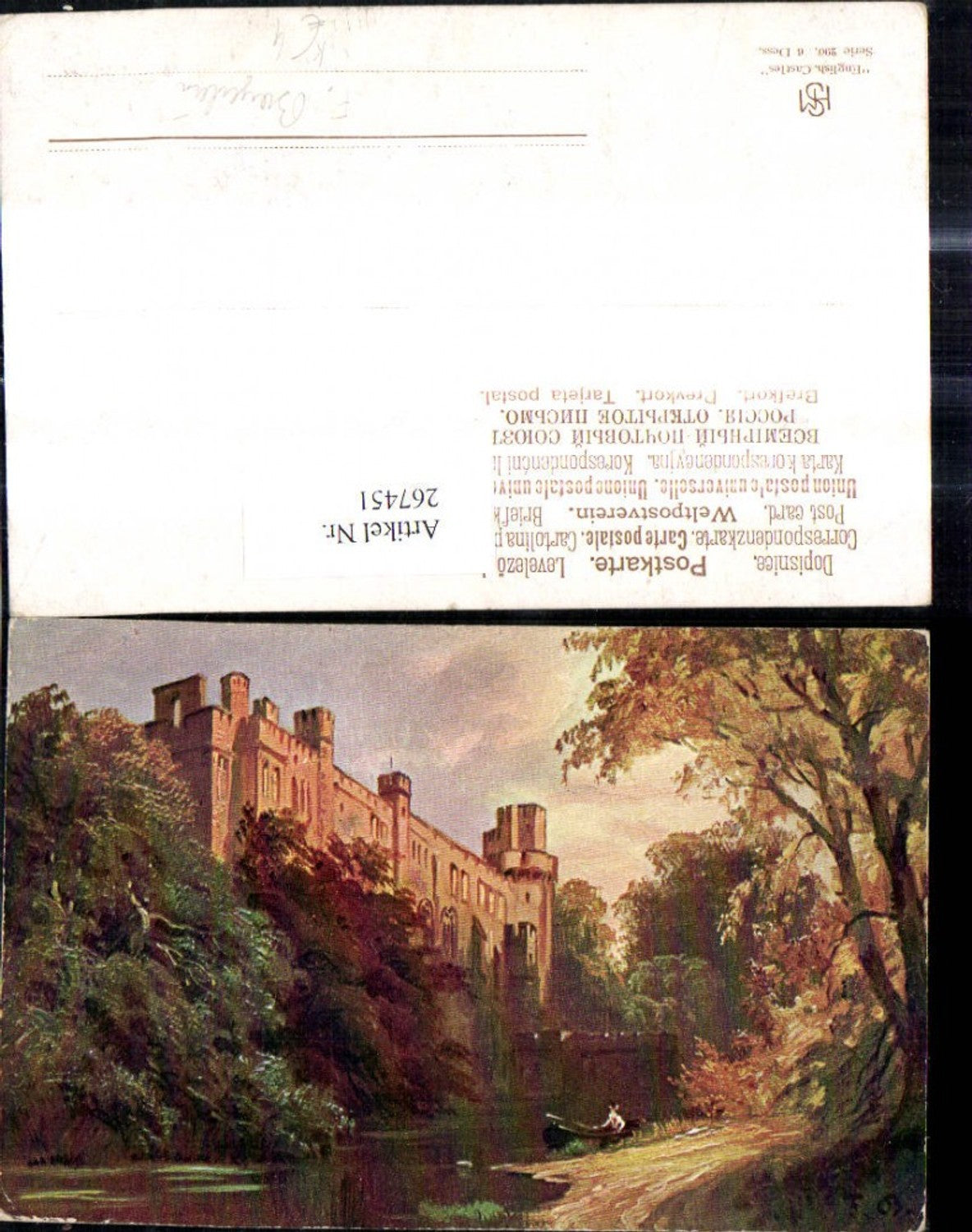 267451,Künstler Ak F. Bayerlein Schloss Burg Frau i. Ruderboot Boot