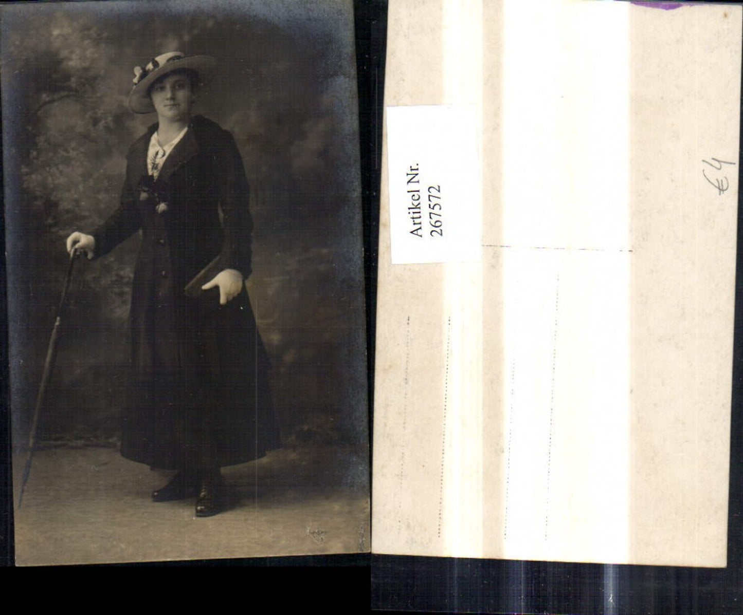 267572,Foto Ak Frau Hut Hutmode Gehstock Handtasche