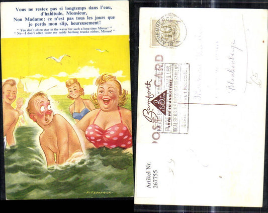 267755,Künstler Ak Fitzpatrick Mann m. roter Nase Dicke Frau b. Schwimmen Spruch Scherz Humor