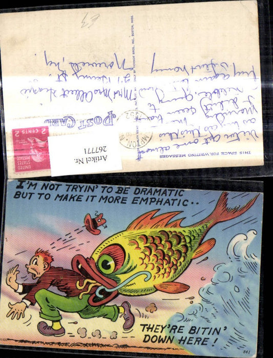 267771,Künstler Ak Riesengoldfisch m. Mann i. Maul Spruch Scherz Humor