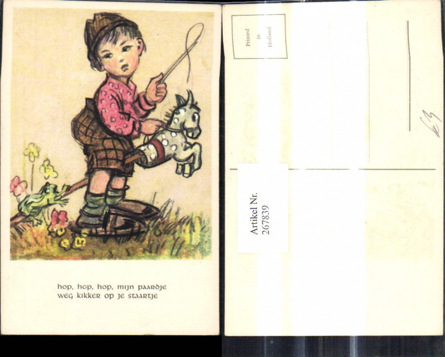 267839,Künstler Ak Kind m. Spielzeug Bub Junge m. Steckenpferd Peitsche Frosch Blumen Spruch