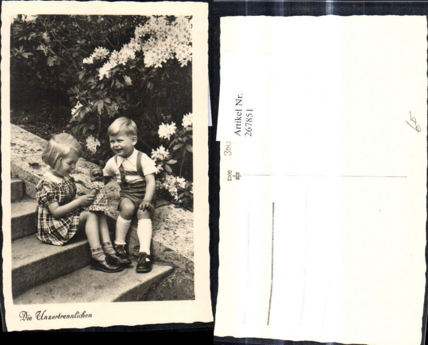 267851, Photo: Children with toys, siblings with doll, sitting on steps in the garden