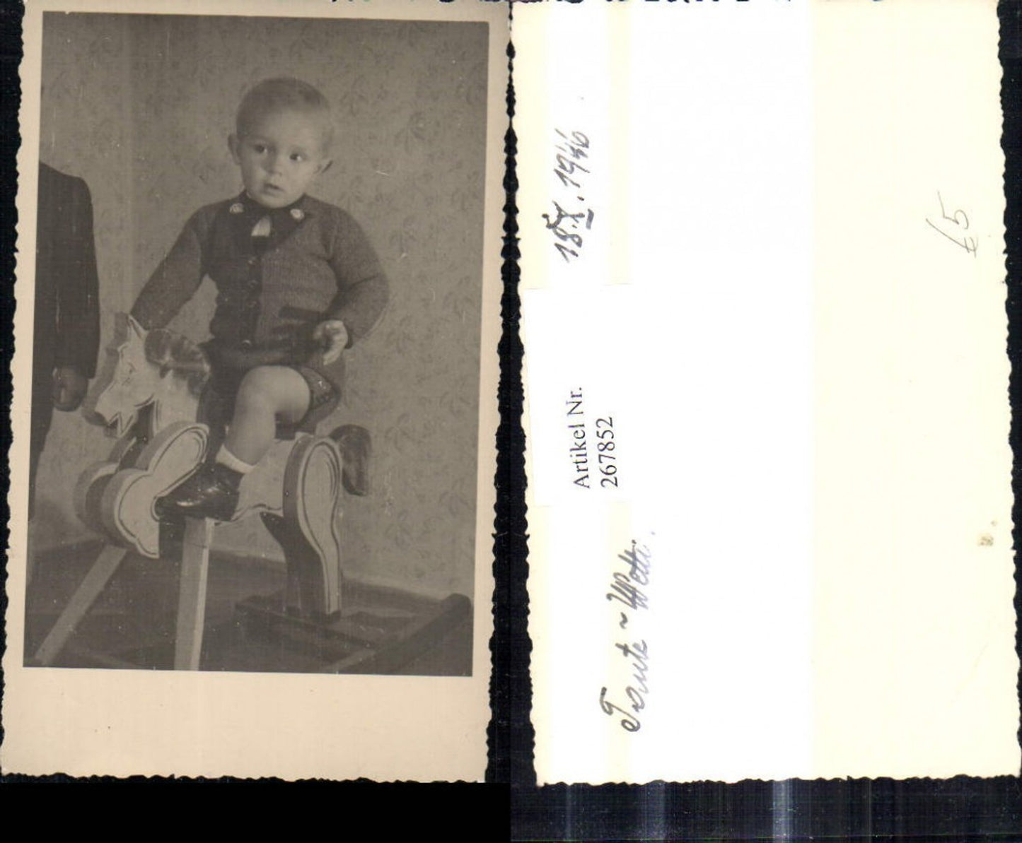 267852,Foto Ak Kind Bub Junge m. Spielzeug Schaukelpferd 1946