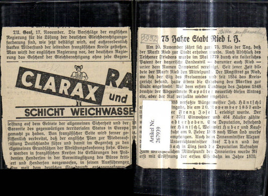 267939,Reklame Zeitungsausschnitt Clarax