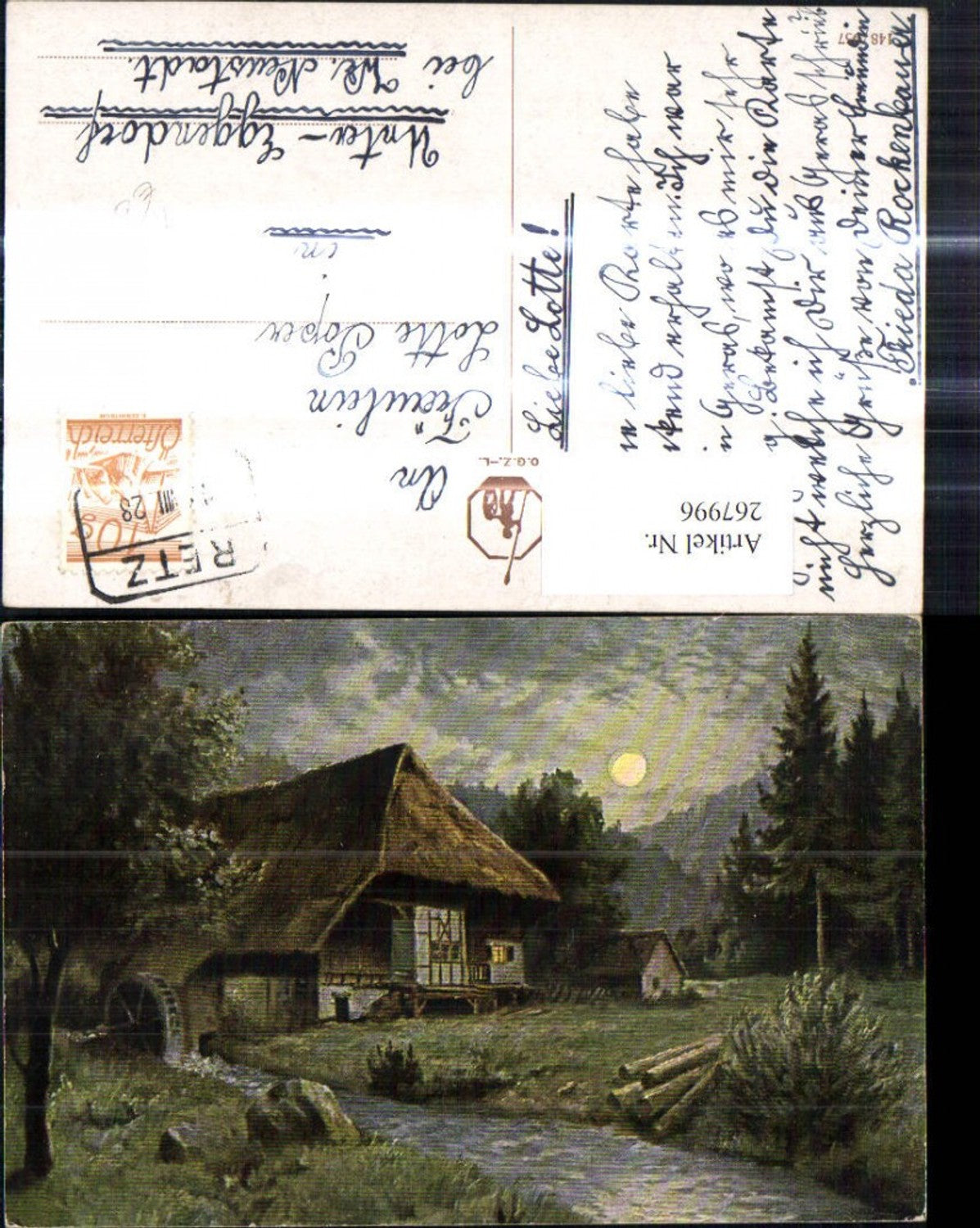 267996,Künstler Ak Wassermühle b. Mondschein Mühle Landschaft