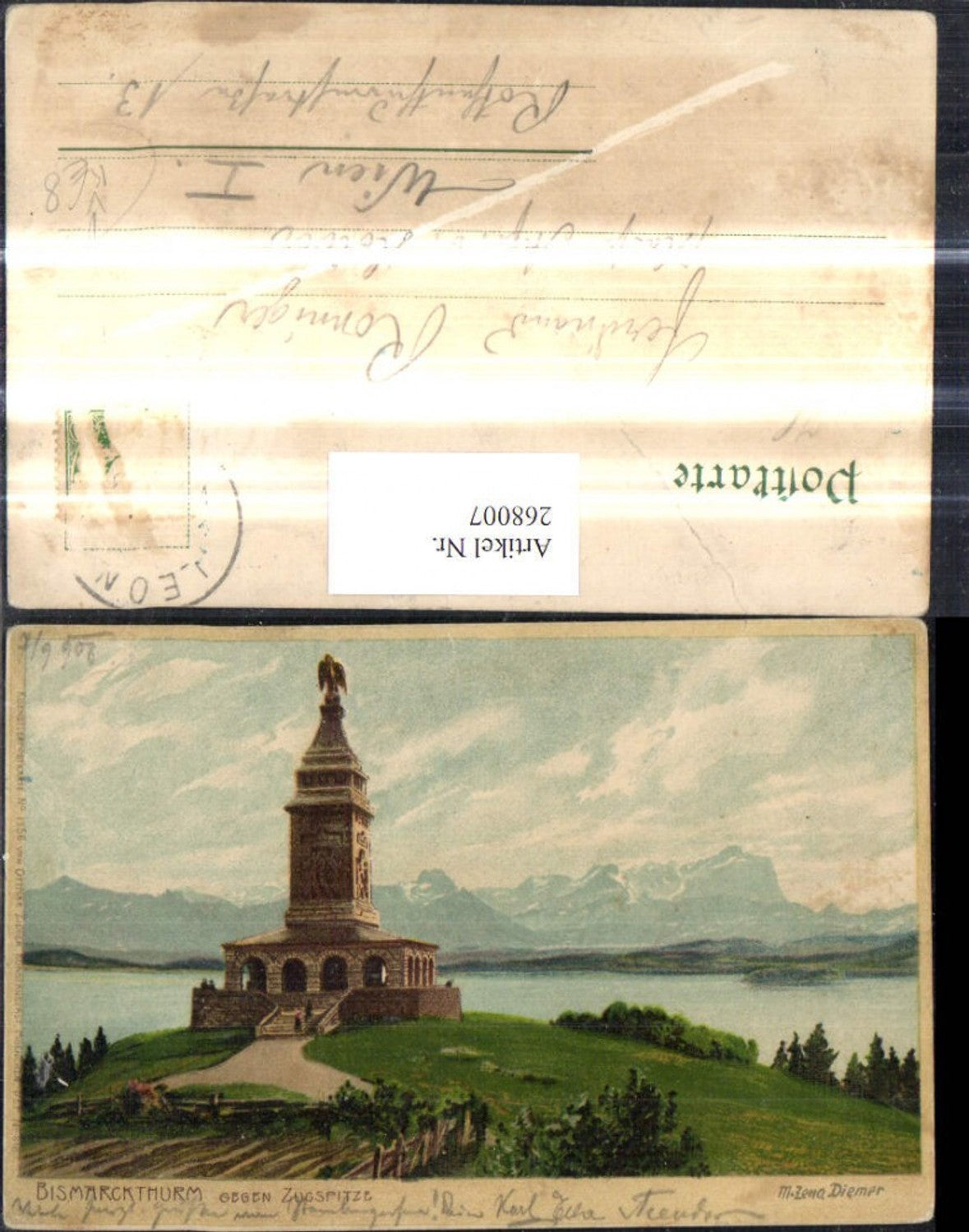 268007,Künstler Ak M. Zeno Diemer Turm Bismarckthurm Bismarckturm geg. Zugspitze pub Ottmar Zieher 618