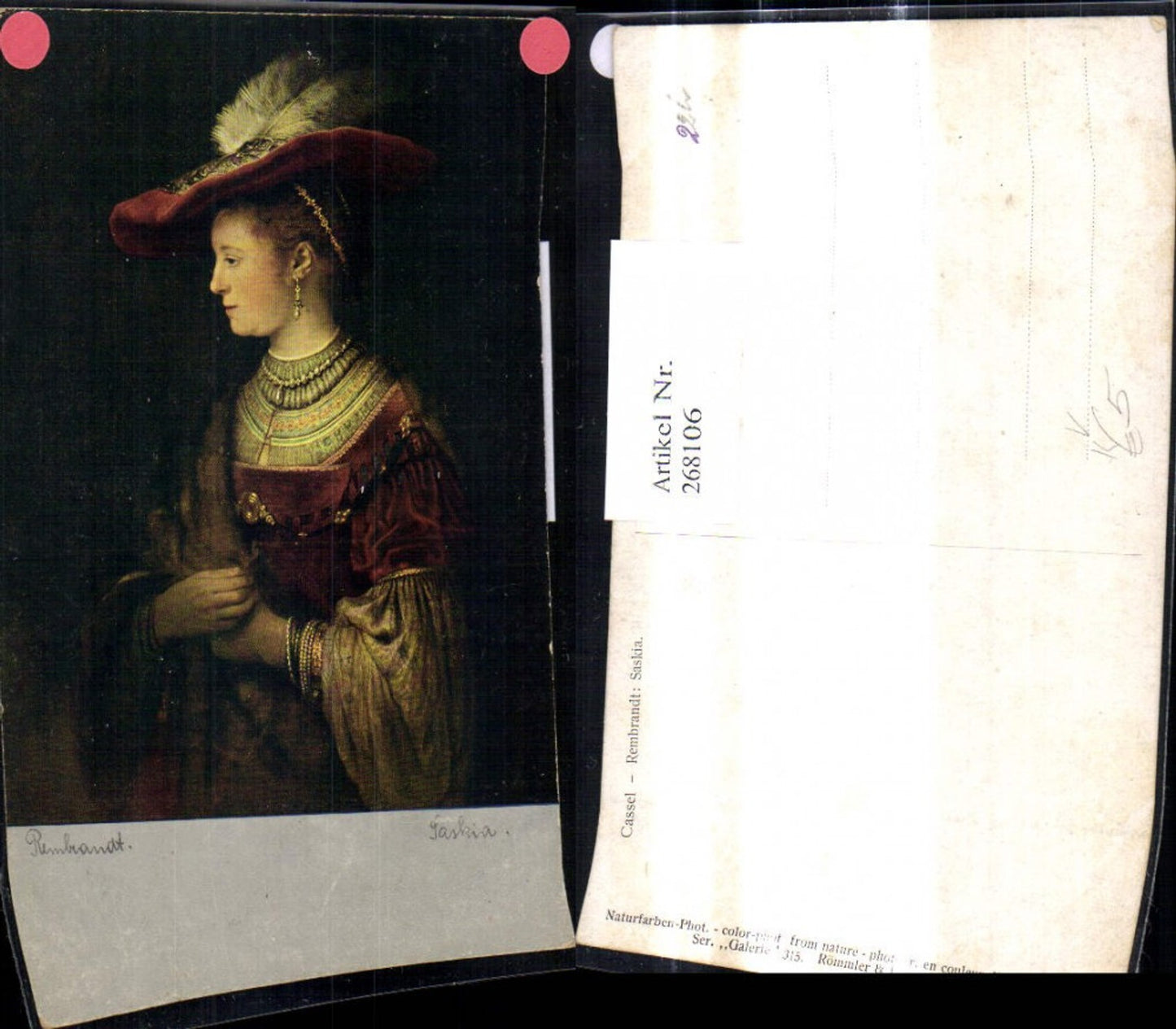 268106,Künstler Ak Rembrandt Saskia Ehefrau Frau Hut Portrait Kunst Wissenschaft pub Römmler Jonas 315