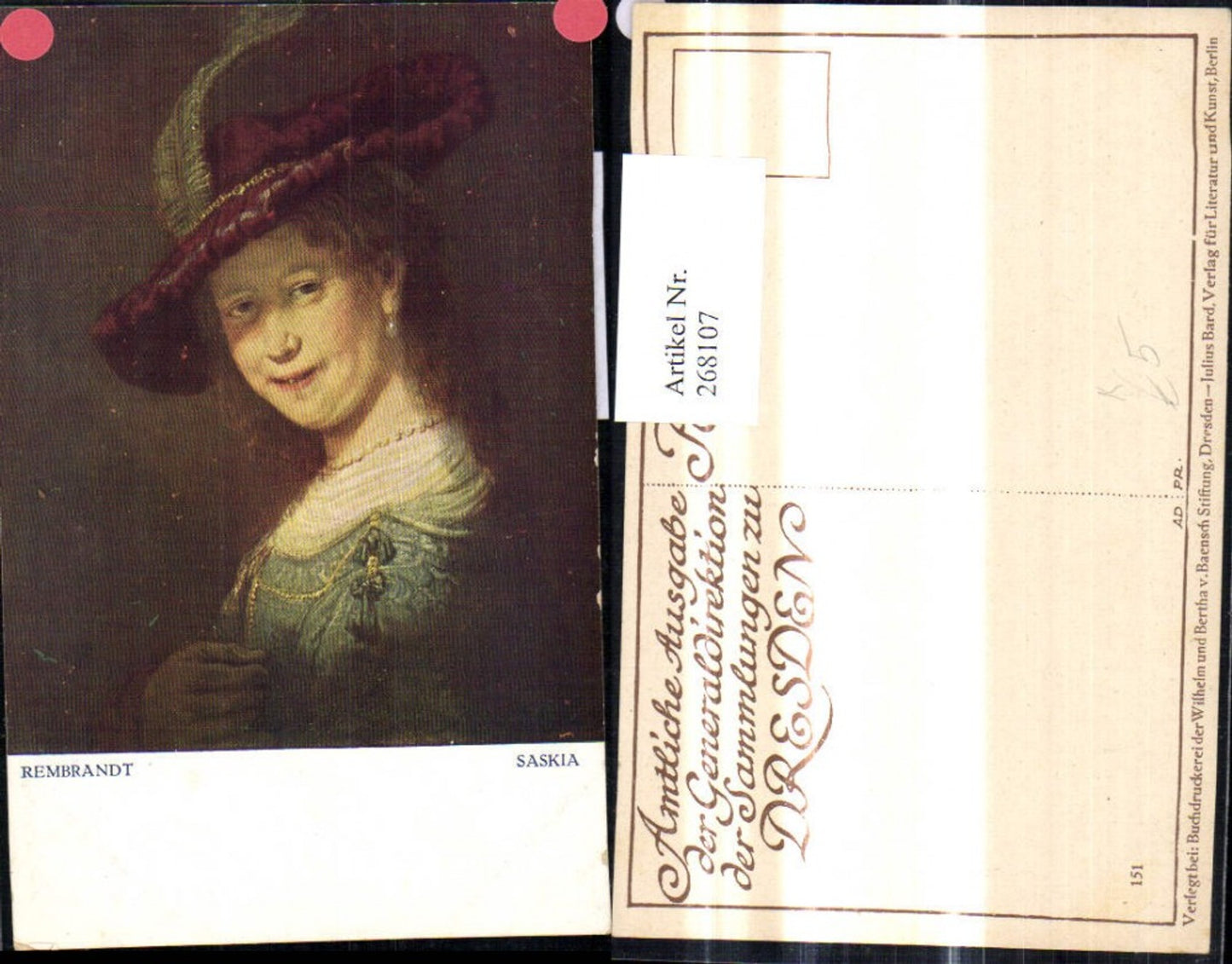 268107,Künstler Ak Rembrandt Saskia Ehefrau Frau Hut Portrait Kunst Wissenschaft