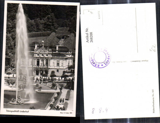 268208,Foto Ak Schloss Königschloß Linderhof Brunnen Springbrunnen i. Vordergrund pub Huber 825