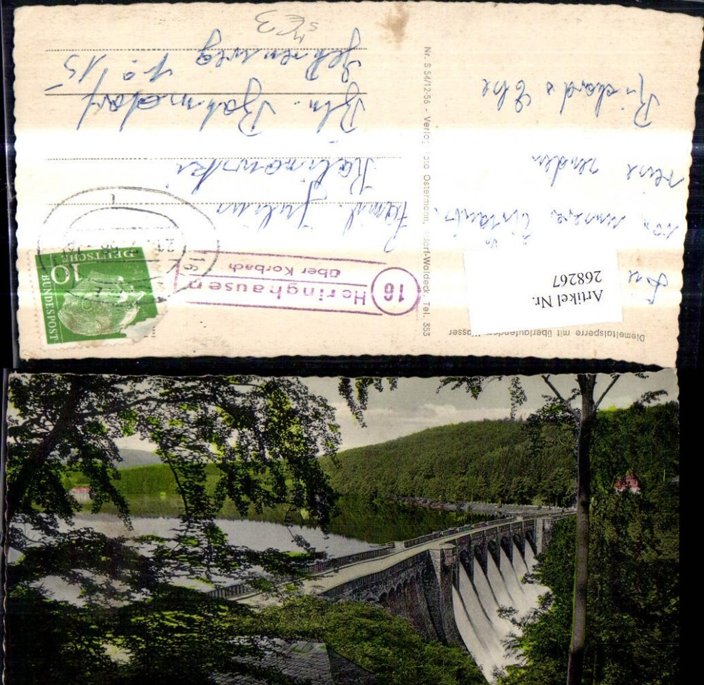 268267,Talsperre Diemeltalsperre m. überlaufendem Wasser Stempel Bahnpost Zug 16 Heringhausen über Korbach
