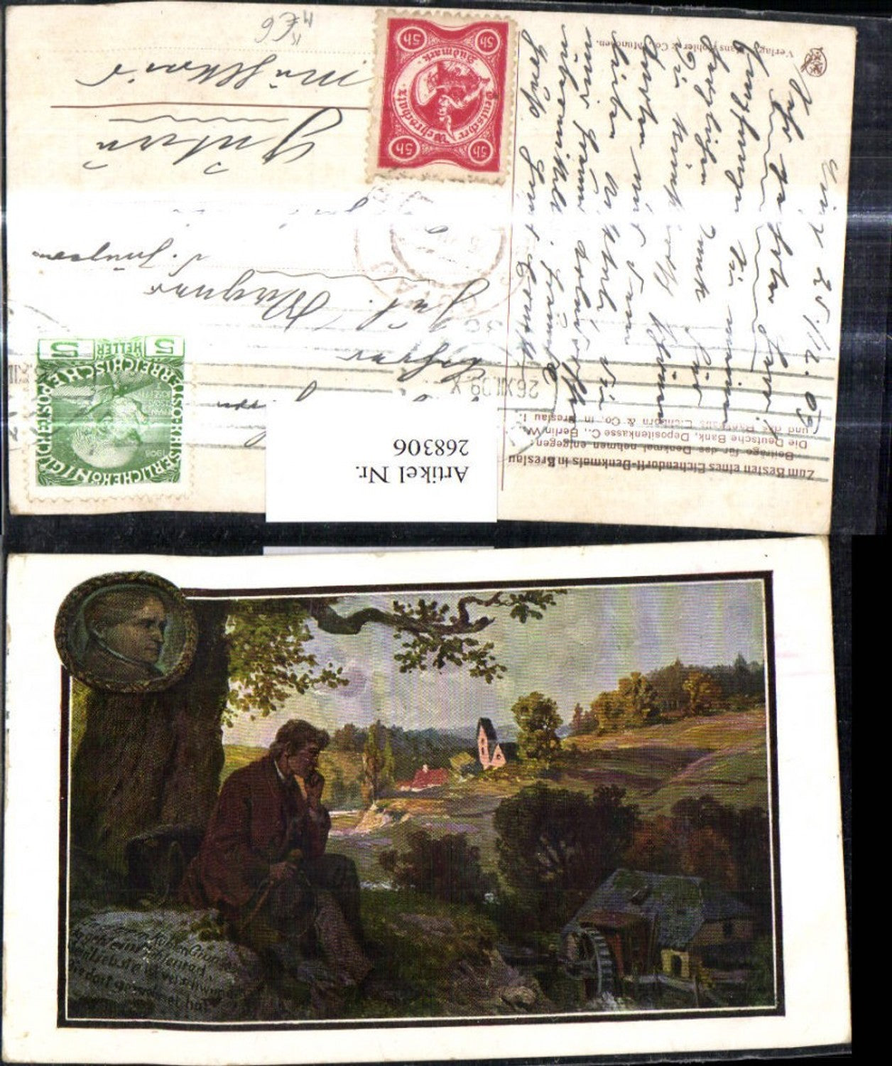 268306,Künstler Ak Eichendorff schaut a. Wassermühle Landschaft Lyriker Schriftsteller Kunst