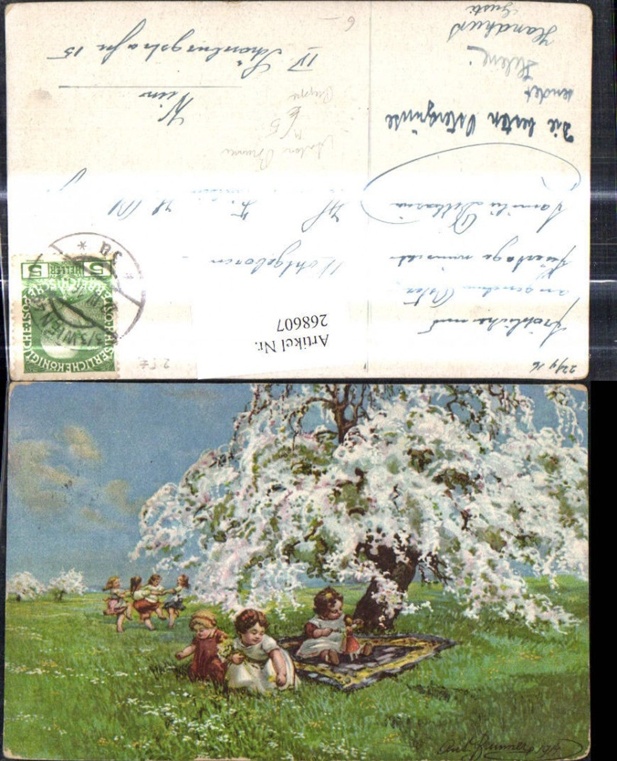 268607,Künstler Ak Anton Brunner Kinder unter Baum Wiese Puppe Ringeltanz Spielzeug