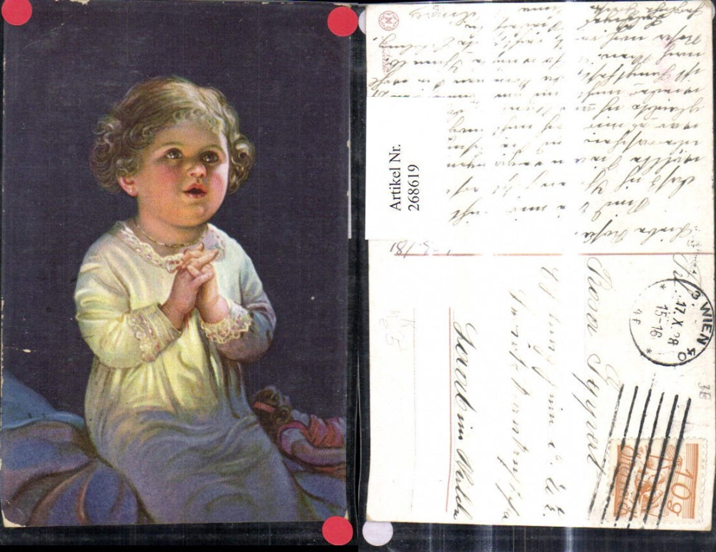 268619,Künstler Ak Kinder Mädchen b. Gebet Puppe i. Bett Spielzeug