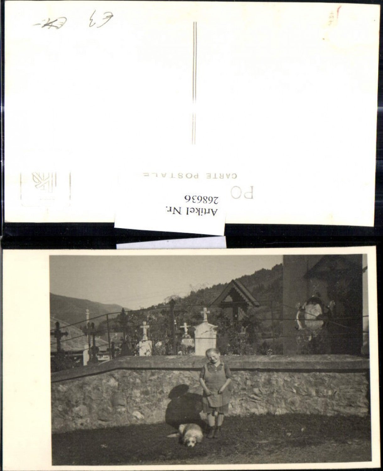 268636,Foto Ak Kinder Mädchen m. Hund v. Friedhofmauer Friedhof Kirchen
