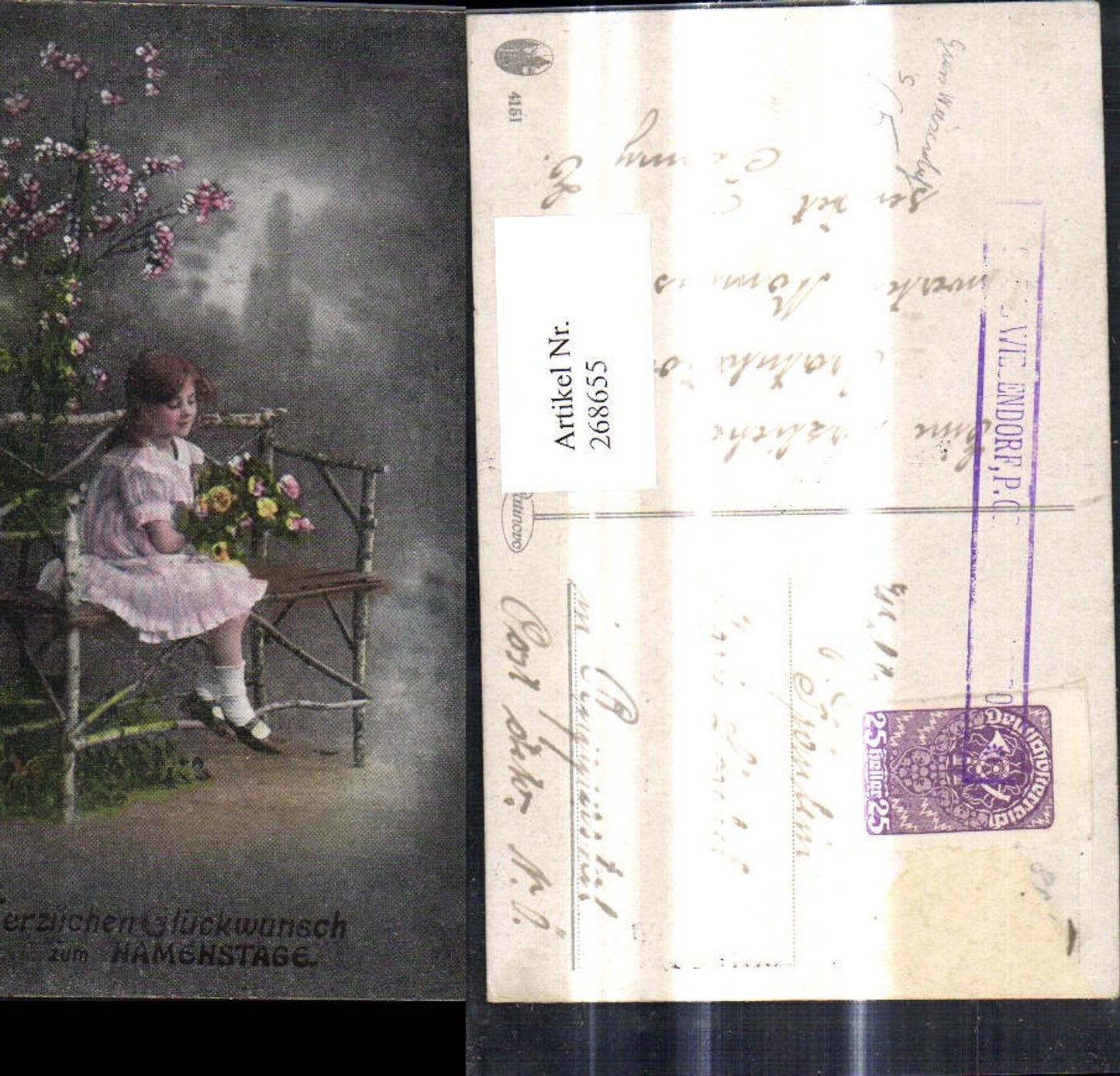 268655,Kinder Mädchen sitzt i. Kleid a. Bank Blumenstrauß Stempel Gross Wiesendorf