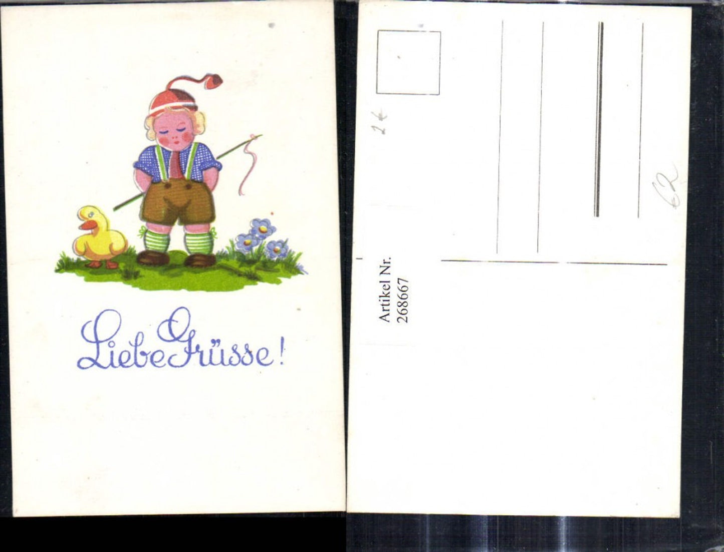 268667,Künstler Ak Kinder Bub Junge i. Lederhosen Ente Blumen