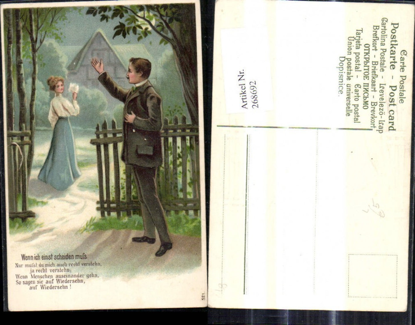 268692,Litho Mann Anzug winkt Frau z. Abschied Spruch