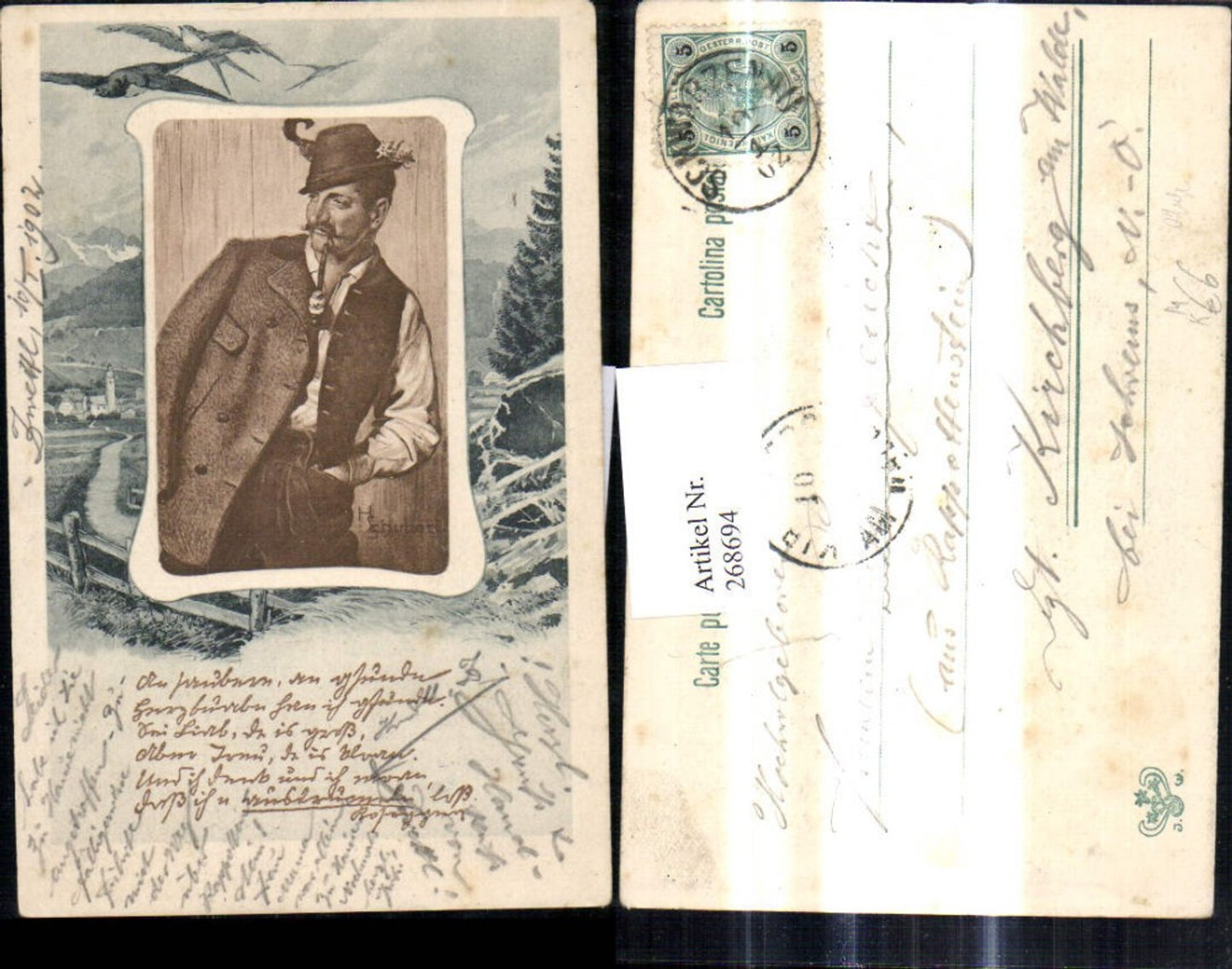 268694,Künstler Ak H. Schubert Mann Tracht Anzug Lederhose Hut Pfeife Rauchen Passepartout