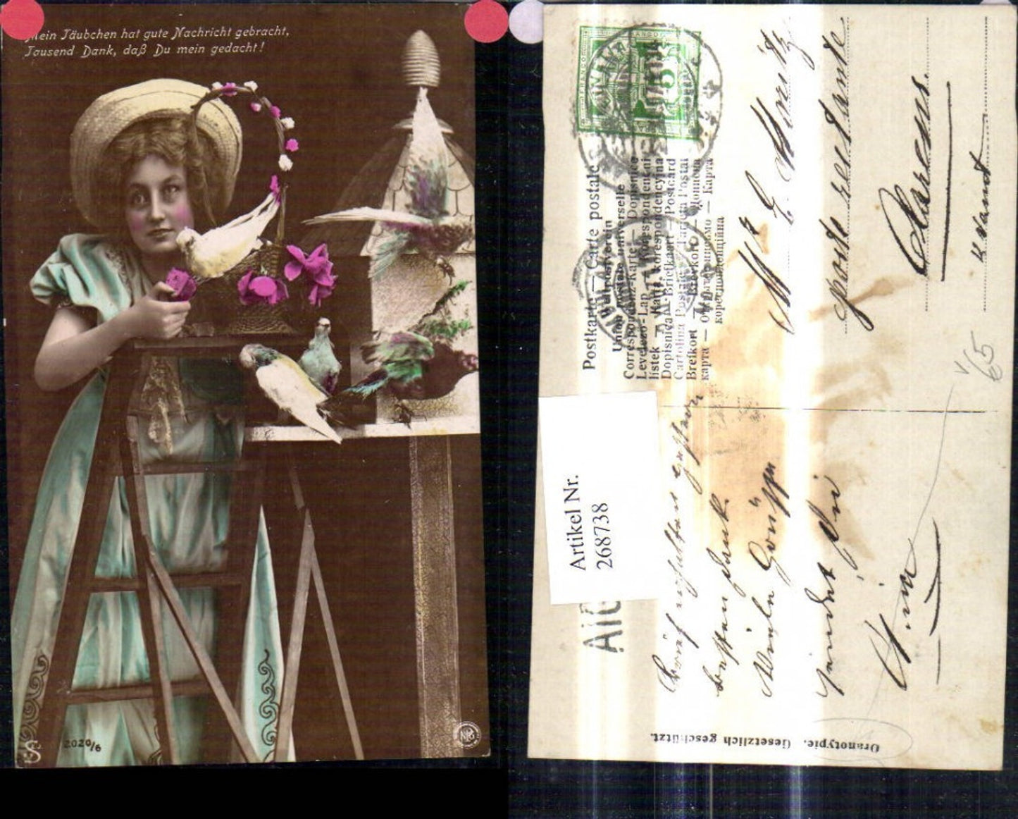 268738,Frau Hut Strohhut Korb Tauben Vogelhaus Spruch pub NPG Oranotypie 2020/6
