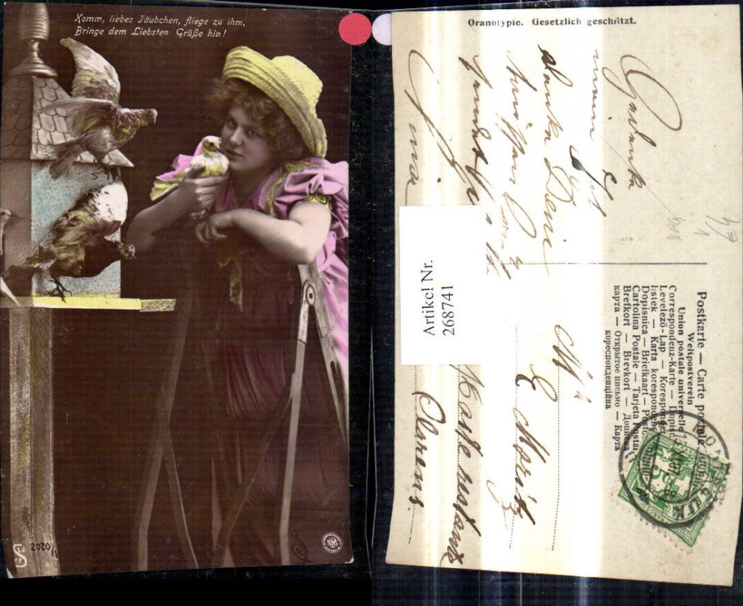 268741,Frau Hut Strohhut Korb Tauben Vogelhaus Spruch pub NPG Oranotypie 2020/1