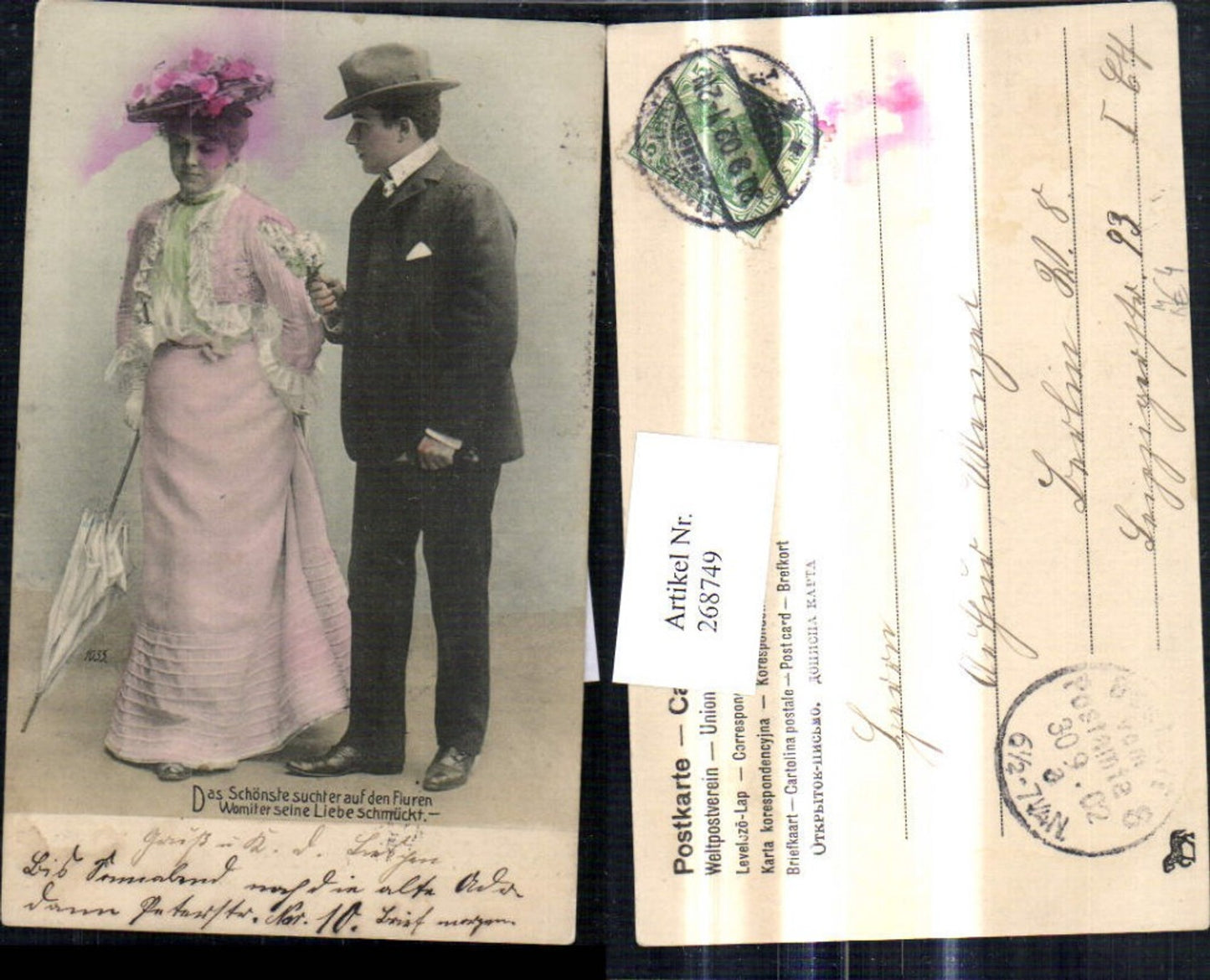 268749,Frau m. Schirm Hut Mann i. Anzug Hut Blumen Spruch