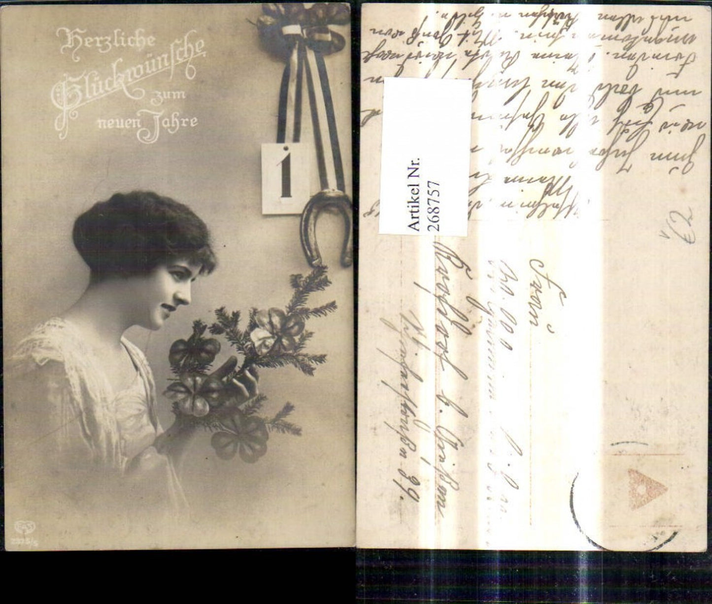 268757,Foto Ak Frau m. Tannenzweig Kalenderblatt 1 Hufeisen Neujahr pub EAS 2375/5