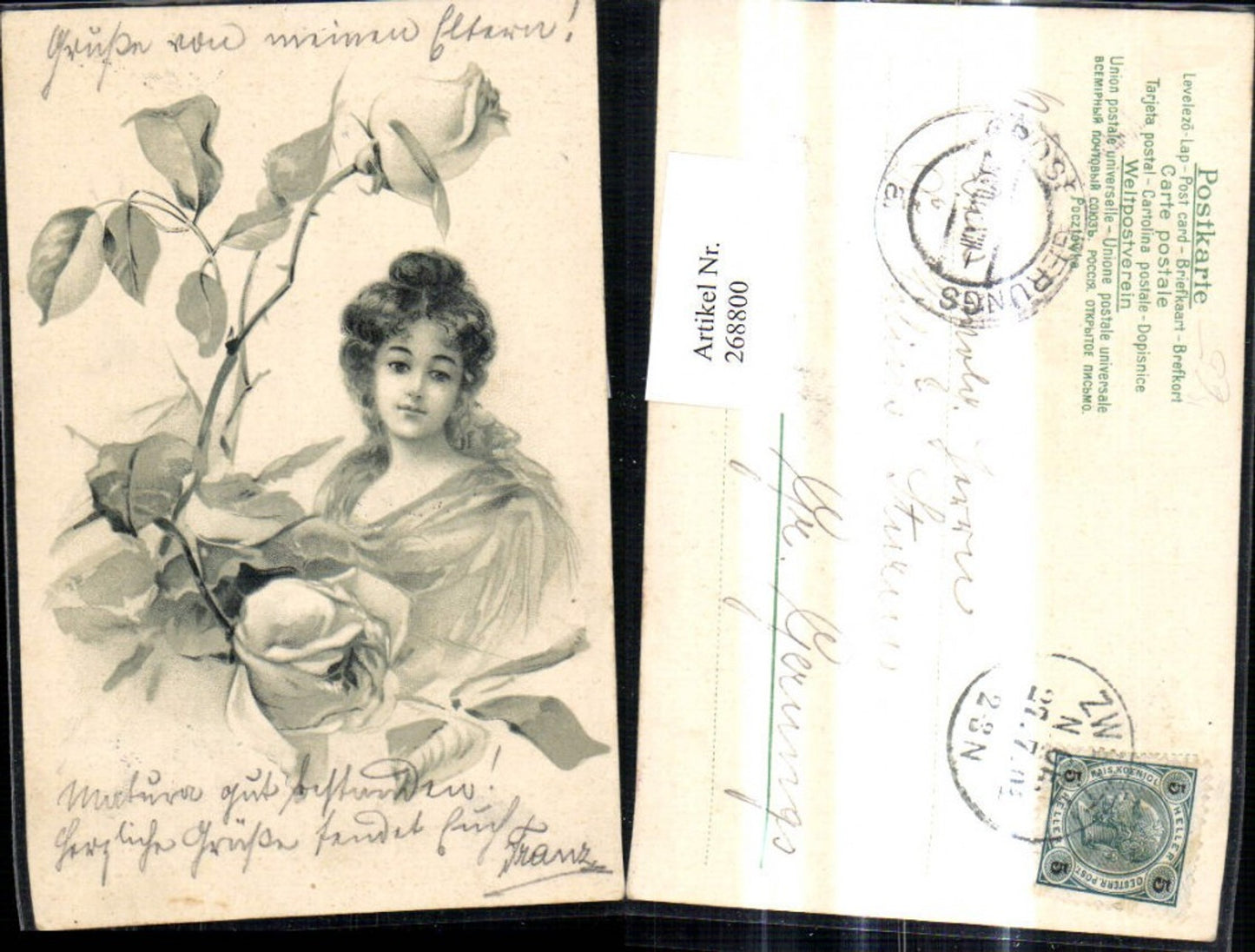 268800,Künstler Ak Frau Rose Blumen