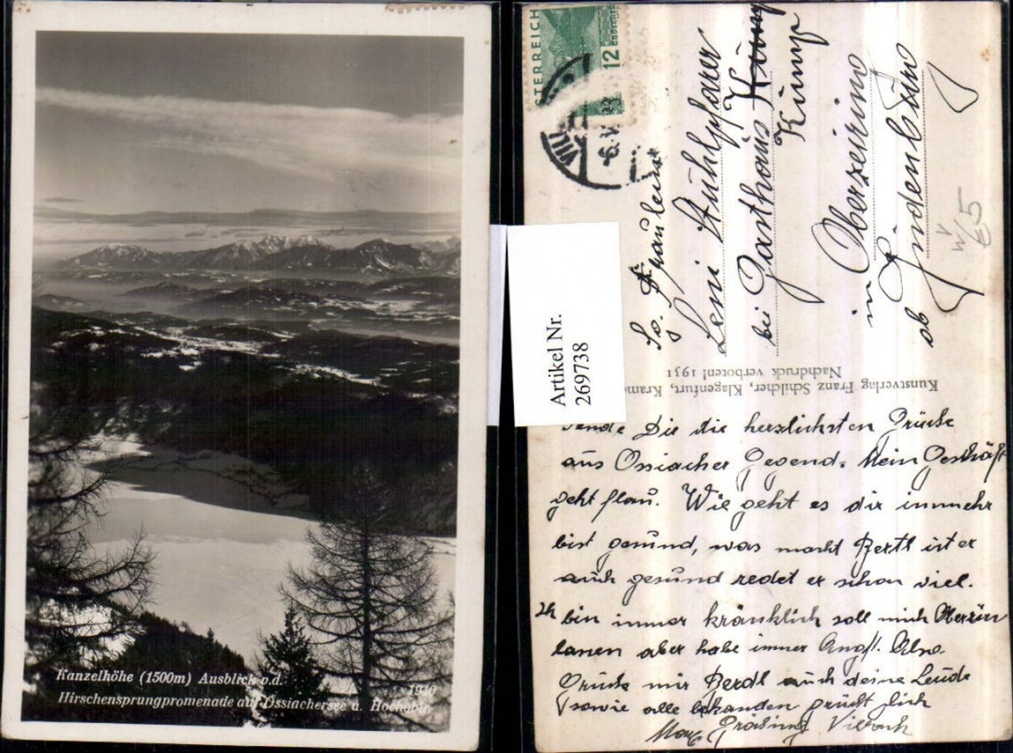 269738, Pulpit Heights View Hirschensprung Promenade Lake Ossiach Hochobir near Treffen pub Franz Schilcher 1940