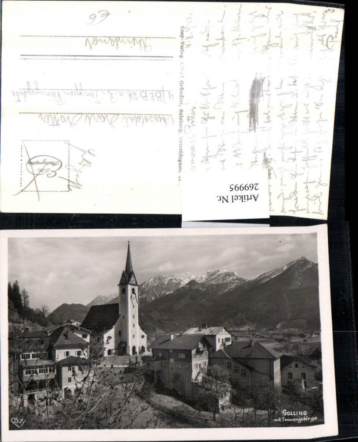 269995,Golling Teilansicht Kirche m. Tennengebirge Bergkulisse pub Cosy 695