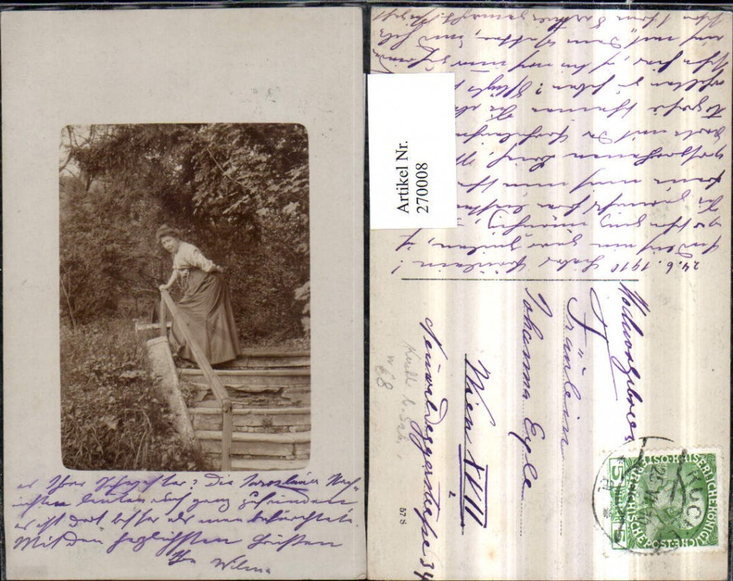 270008,Foto AK Kuchl b. Salzburg Frau m. Bluse Rock Stiege Bäume