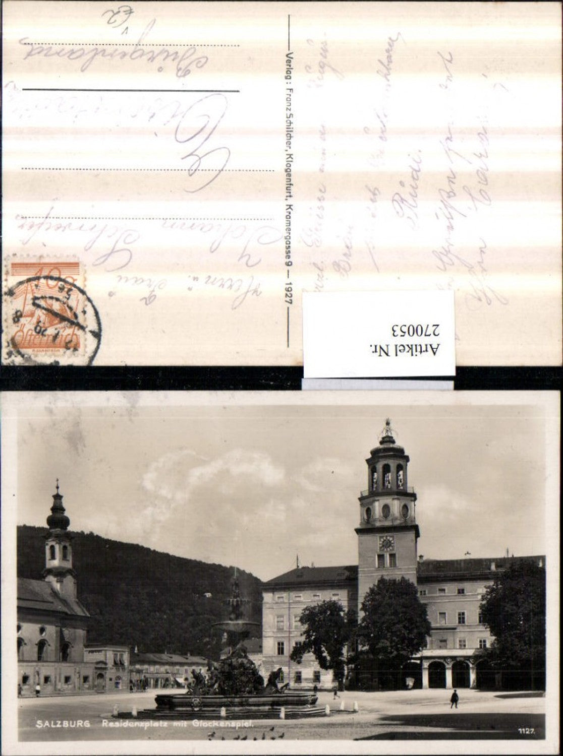 270053,Salzburg Residenzplatz Glockenspiel Glockenturm Brunnen pub Franz Schilcher 1127