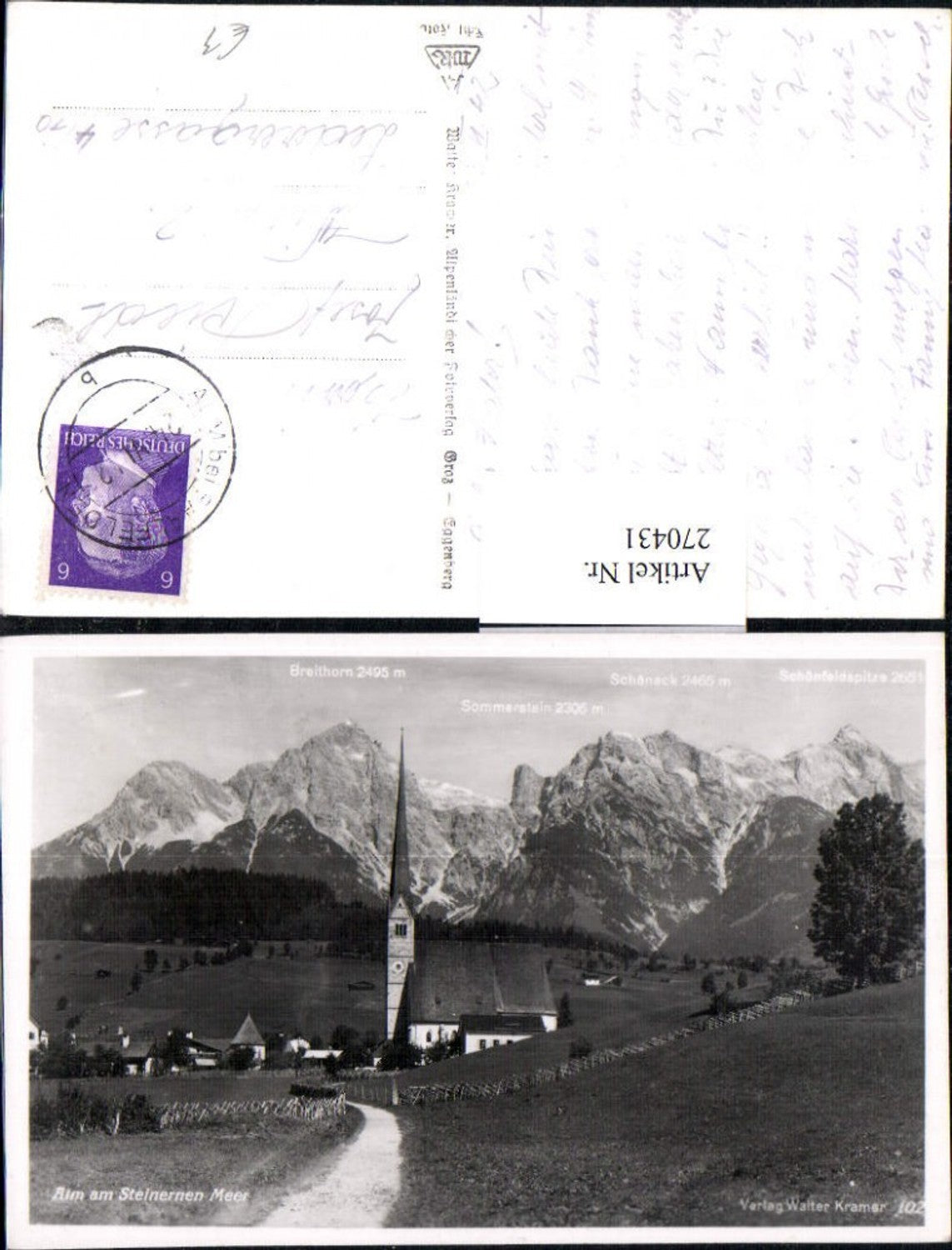 270431,Alm am Steinernen Meer Teilansicht Kirche Bergkulisse