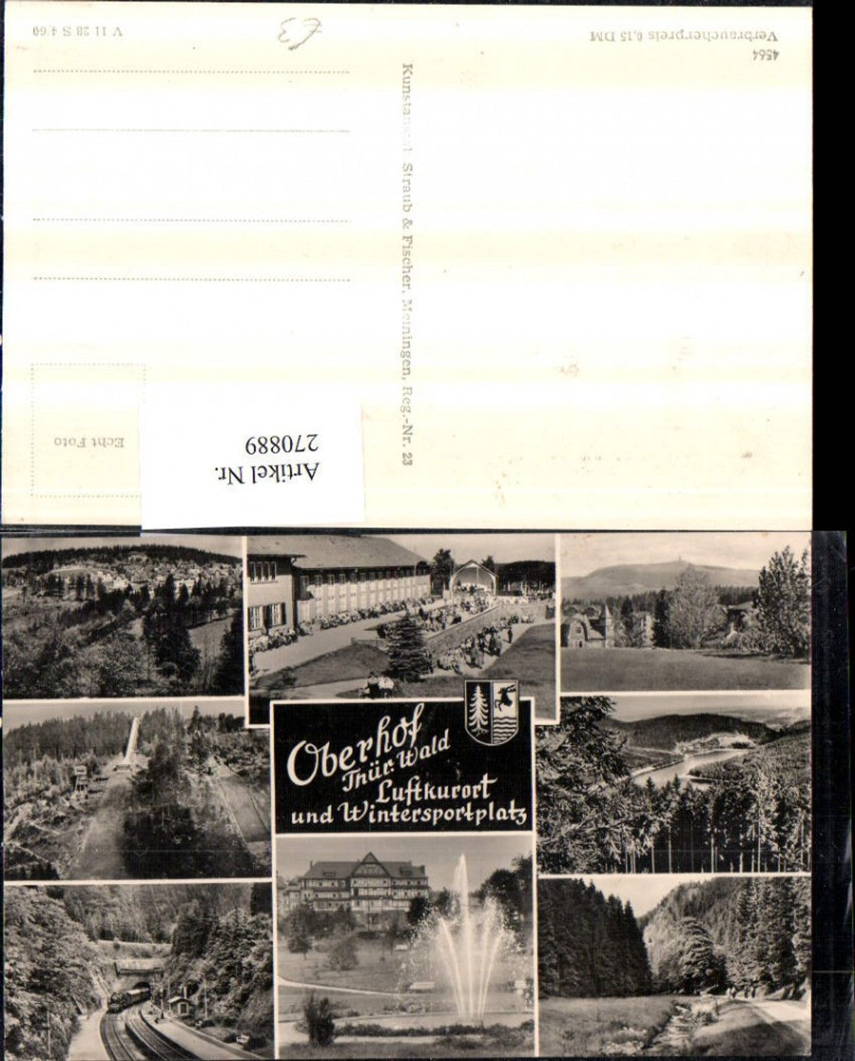 270889, Oberhof in the Thuringian Forest, overall view of the spa hotel, ski jump, railway, fountain, multi-view postcard