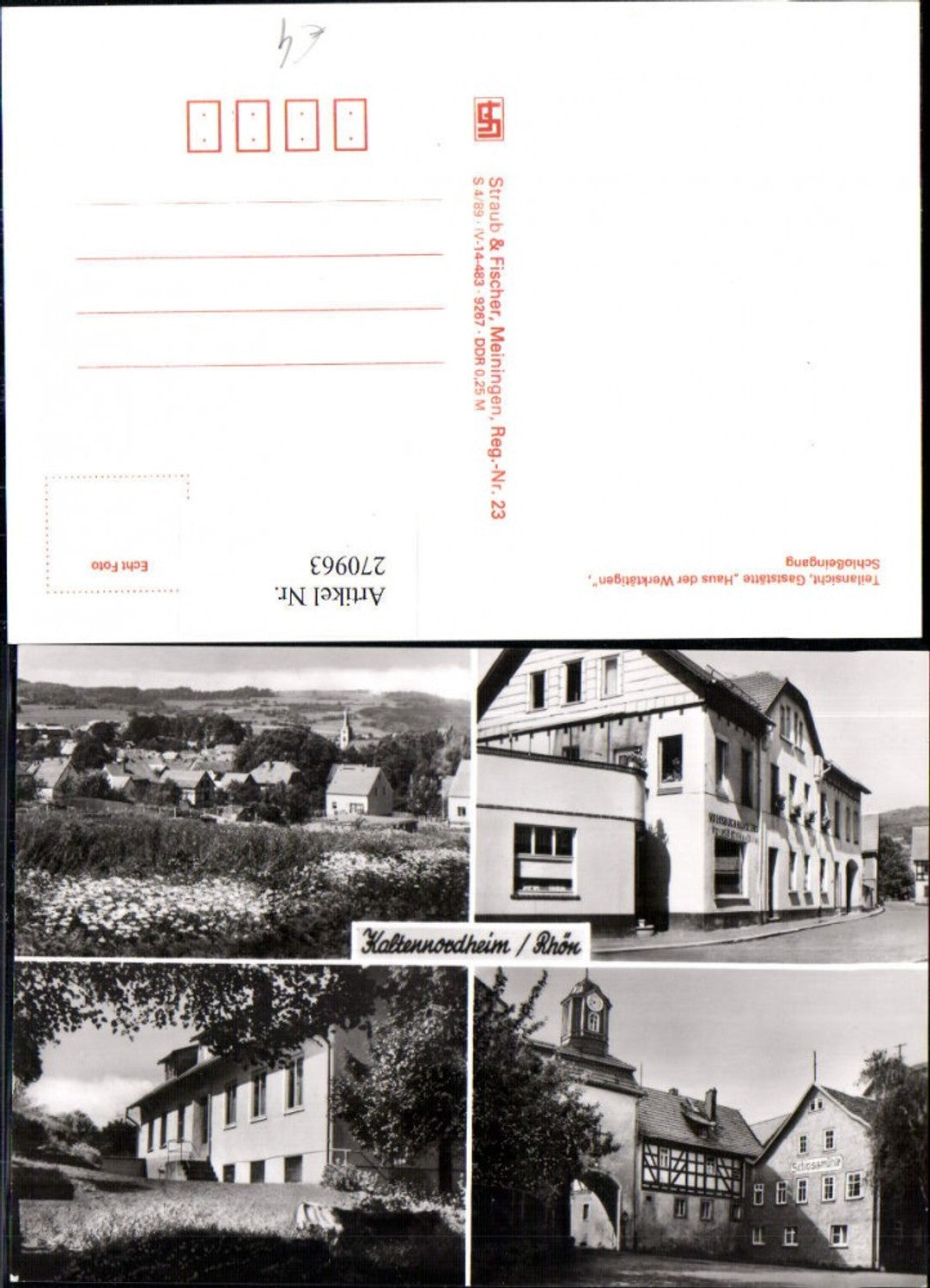 270963, Kaltennordheim in the Rhön, general view of the restaurant, House of Workers, castle entrance, multi-view postcard