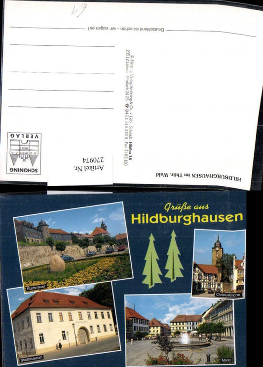 270974,Hildburghausen im Thüringer Wald Stadtmauer Stadtmuseum Markt Kirche Brunnen Mehrbildkarte