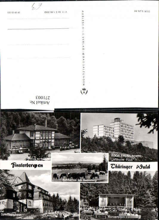 271003,Finsterbergen FDGB-Erholungsheim Steigermühle Konzertplatz Spießberghaus Kuhherde Mehrbildkarte