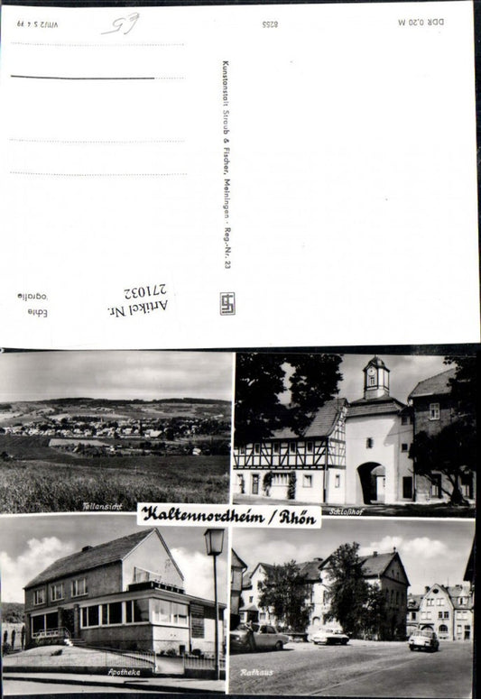 271032, Kaltennordheim in the Rhön, overall view of the castle courtyard, pharmacy, town hall, multi-view map