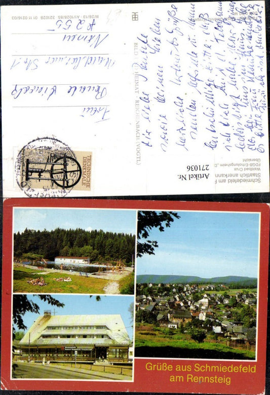 271036, Greetings from Schmiedefeld am Rennsteig, Total view of the FDGB recreation center in the forest, multi-view postcard