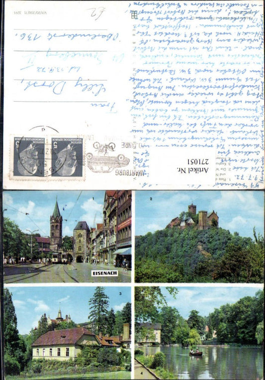 271051, Eisenach street view Wartburg Karthausgarten Prinzenteich multi-view postcard