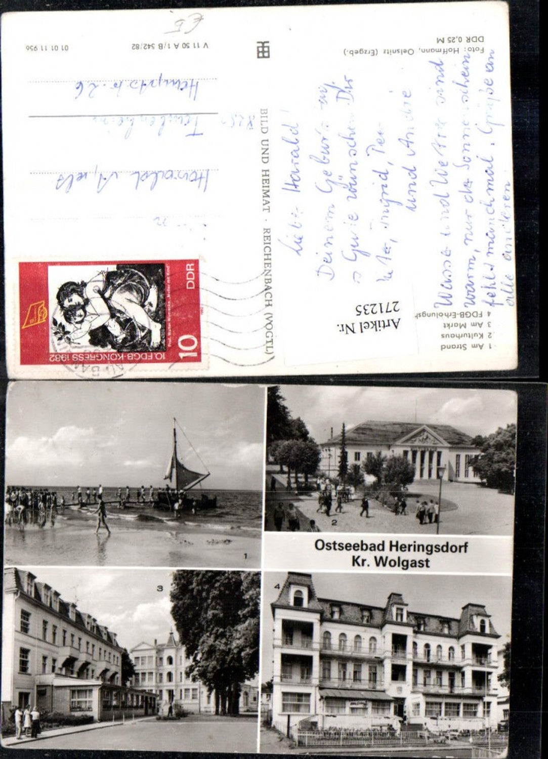 271235,Ostseebad Heringsdorf Kulturhaus Markt FDGB-Erholungsheim Guiseppe di Vittorio Strand Mehrbildkarte