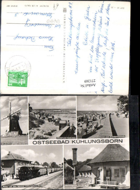 271269,Ostseebad Kühlungsborn Strand Promenade Windmühle Konzertgarten Molly Eisenbahn auf d. Bahnhof Mehrbildkarte
