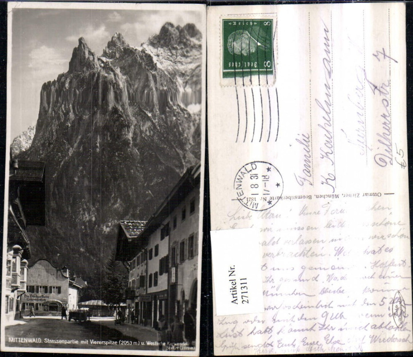 271311,Mittenwald Straßenansicht Bücherstube m. Viererspitze u. Karwendel Bergkulisse